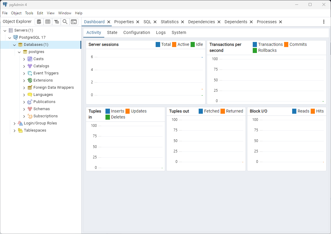 Fresh PostgreSQL 17 in pgAdmin on Windows