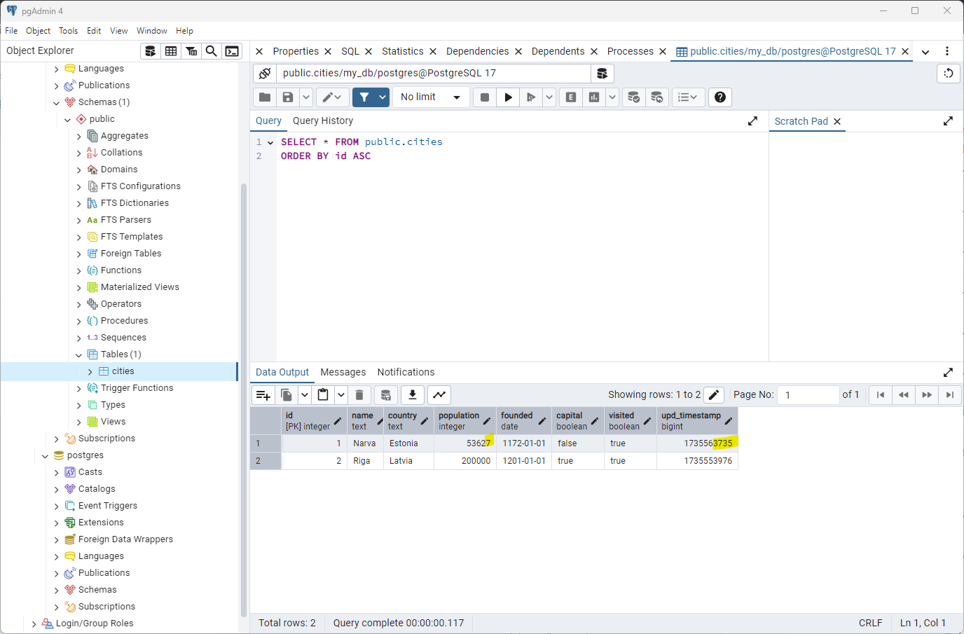 Cities table with one row in Postgres 17 on Windows