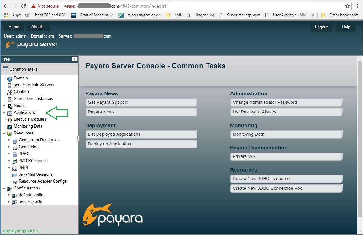 Payara Server administration console with the Applications section highlighted